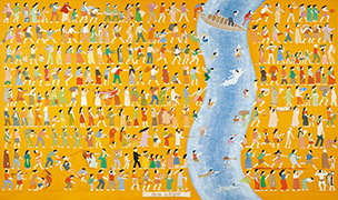 N・S・ハルシャ　《私たちは来て、私たちは食べ、私たちは眠る》（部分）　1999-2001年　合成樹脂絵具、キャンバス　172.1 x 289.3 cm、169.7 x 288.5 cm、172.2 x 289.2 cm　所蔵：クイーンズランド州立美術館、ブリスベン