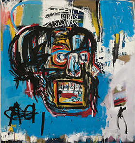 W~VFEoXLA Untitled, 1982 Oilstick, acrylic, spray paint on canvas 183 x 173 cm Yusaku Maezawa Collection, Chiba Artwork © Estate of Jean-Michel Basquiat. Licensed by Artestar, New York