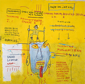 W~VFEoXLA Onion Gum, 1983 Acrylic and oilstick on canvas 198.1 x 203.2 cm Courtesy Van de Weghe Fine Art, New York Photo: Camerarts, New York Artwork © Estate of Jean-Michel Basquiat. Licensed by Artestar, New York