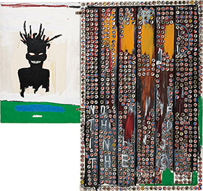 W~VFEoXLA Self-Portrait, 1985 Acrylic, oilstick, crown cork and bottle caps on wood 141.9 x 153 x 14.9cm Private Collection Photo: Max Yawney Artwork © Estate of Jean-Michel Basquiat. Licensed by Artestar, New York